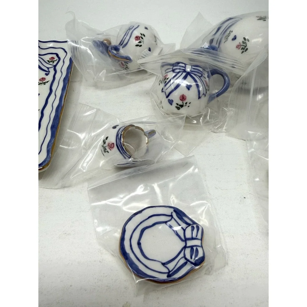 Miniature Tea Set Blue White Floral Roses Tray Dollhouse Display Original Box